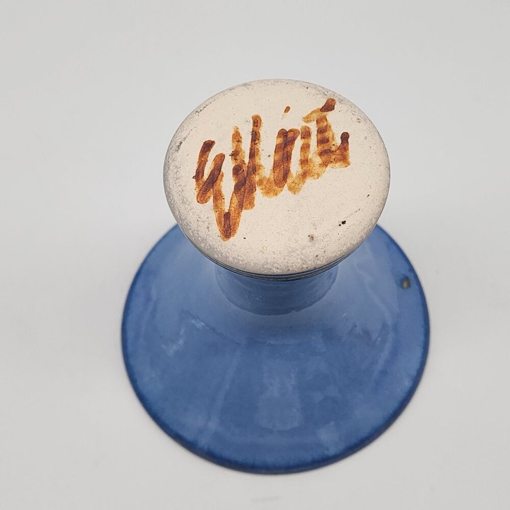 Handmade Blue Ceramic Candle Holder Vase  Unique White Drip Artist Signed - Picture 4 of 7